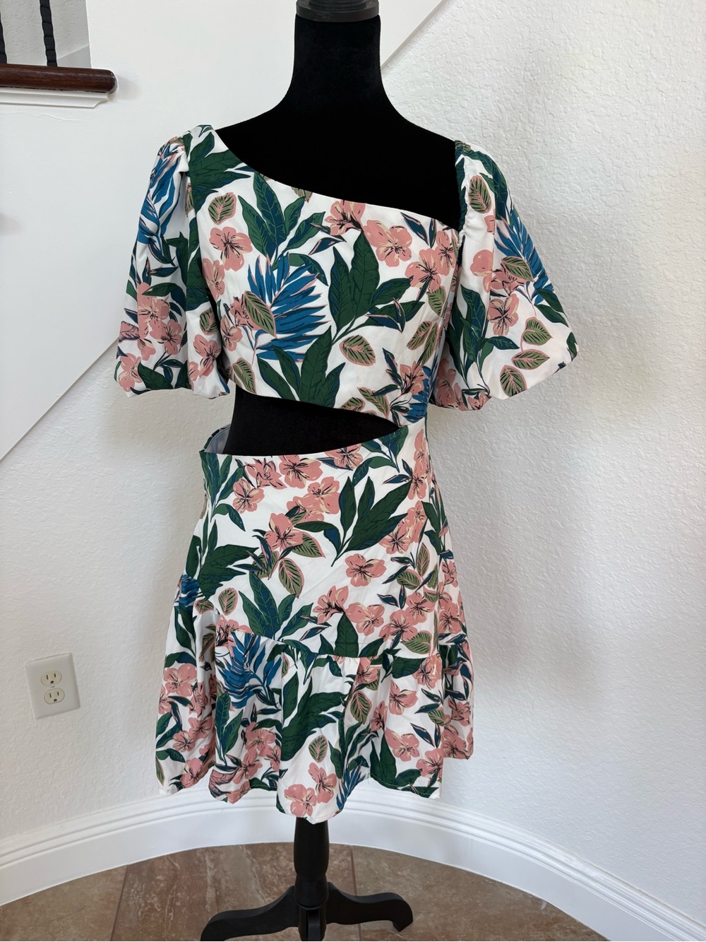 Tropical Floral Cutout Two-Piece Dress - Pink & Green